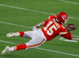 Patrick Mahomes, quarterback from the Kansas City Chiefs, throws an off balance pass during Super Bowl 55 against the Tamp Bay Bucs. (Image: Getty)