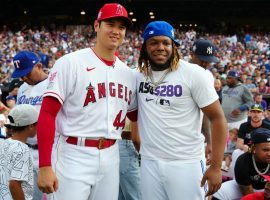 Shohei Ohtani (left) still leads the AL MVP odds, though Vladimir Guerrero (right) has made up ground in the final weeks of the season. (Image: Daniel Shirey/Getty)