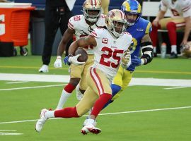 Cornerback Richard Sherman, then with the San Francisco 49ers, intercepted a pass from LA Rams quarterback Jared Goff. (Image: Getty)