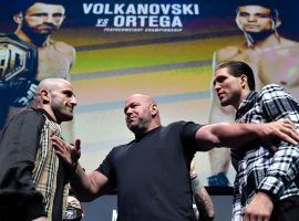 Alexander Volkanovski (left) will defend his featherweight title against Brian Ortega (right) in the main event of UFC 266. (Image: Chris Unger/Zuffa)