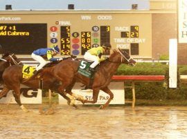 Warrant, seen here splashing home in May's Texas Derby. Sunday, he added the Oklahoma Derby to his resume, coming home by 1 1/4 lengths. (Image: Dustin Orono Photography)