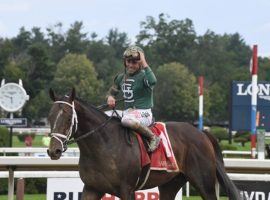 Jockey Irad Ortiz Jr. salutes Wit after piloting the 2-year-old to an eight-length Sanford Stakes victory in July. Wit is the 7/5 favorite to win the Grade 1 Hopeful Stakes on Saratoga's Monday closing card. (Image: Janet Garaguso/Coglianese Photos)