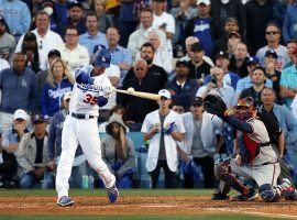 Cody Bellinger (35) homered in the eighth inning to lead a Dodgers rally in Game 3 of the NLCS. Game 4 of the series takes place on Wednesday night. (Image: Ronald Martinez/Getty)