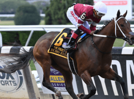 Echo Zulu and Ricardo Santana Jr. had no competition down the stretch of Sunday's Grade 1 Frizette at Belmont Park. The 7 1/4-length victory kept the daughter of Gun Runner unbeaten in three races -- two of those Grade 1s. (Image: NYRA Photo)