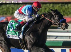 Trainer Bob Baffert's Medina Spirit wired the field in the Grade 1 Awesome Again earlier this month. The star Baffert colt -- as well as his other Breeders' Cup entries -- will be allowed to run in the championships at Del Mar next month. (Image: Ernie Belmonte)