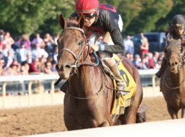 Jockey Brian Hernandez Jr. guides Rattle N Roll to a 4 1/2-length victory in Saturday's Grade 1 Breeders' Futurity. (Image: Coady Photography)