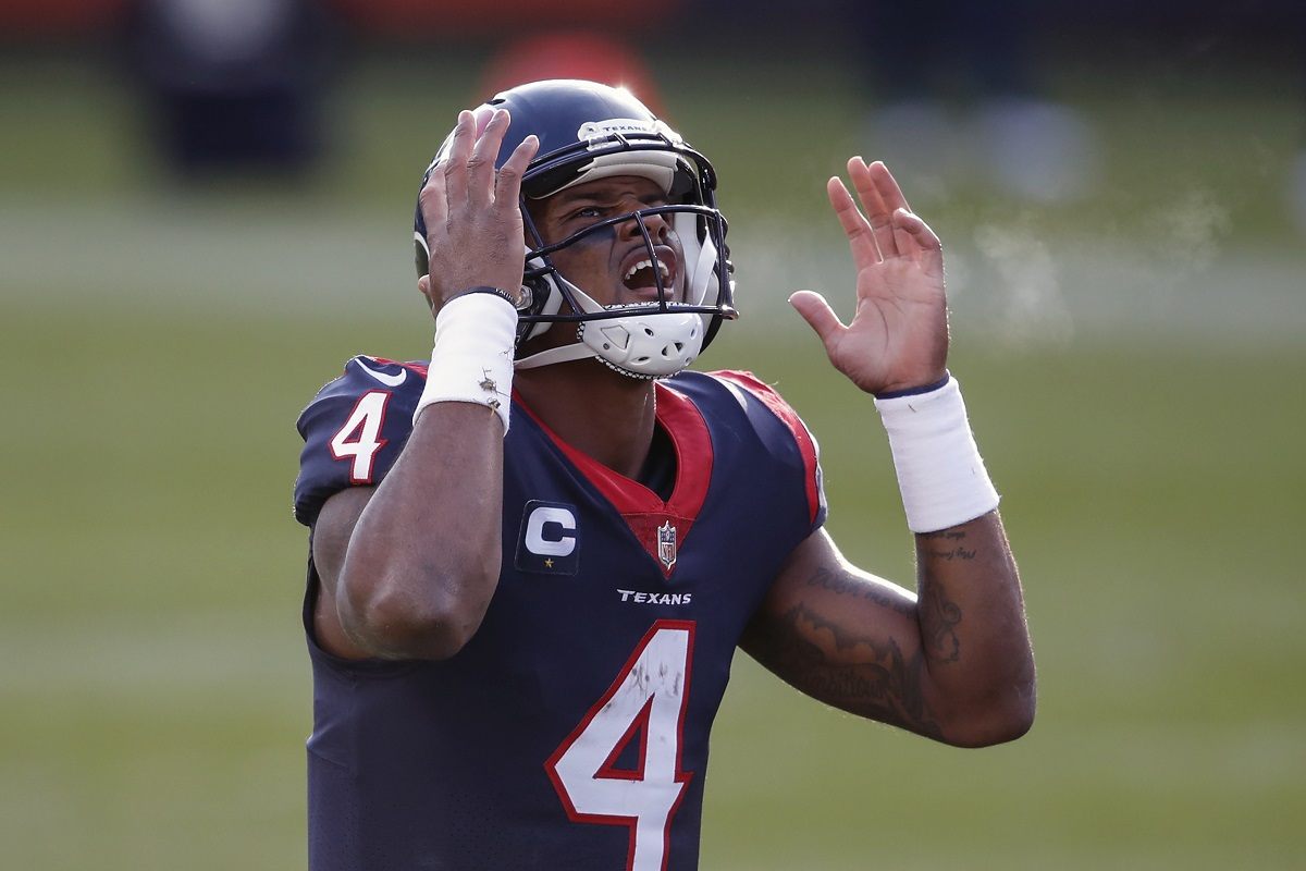 Houston Texans quarterback Deshaun Watson kvetches over a holding penalty called on a player from his offensive line during the 2020 season. (Image: Kamil Krzaczynski/AP)