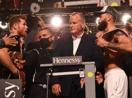 Canelo Alvarez (left) will battle the undefeated Caleb Plant (right) for the undisputed super middleweight title on Saturday in Las Vegas. (Image: Patrick T. Fallon/AFP/Getty)