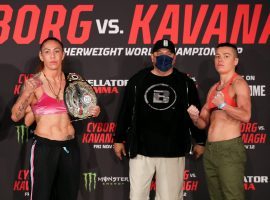 Cris Cyborg (left) will defend her featherweight title against longshot challenger Sinead Kavanagh at Bellator 268 on Friday. (Image: BellatorMMA/Twitter)