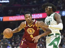 Evan Mobley, center from the Cleveland Cavs and one of the rookie of the year candidates, drives to the hoop against the Boston Celtics. (Image: Getty)