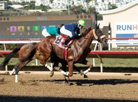 Jessica Pyfer ended her apprentice riding career with a 50/1 score aboard Primer Dimer (8) in a $20,000 Del Mar maiden claimer. (Image: Benoit Photo)