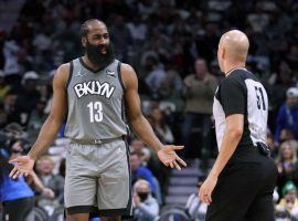 James Harden from the Brooklyn Nets argues a call with an official during a Dallas Mavericks game, but he's the latest member of the Nets to get flagged under the NBA's COVID-19 health and safety protocols. (Image: Tony Gutierrez/AP)