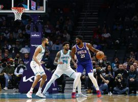 Joel Embiid from the Philadelphia 76ers draws a double team from the Charlotte Hornets. (Image: Jared C. Tilton/Getty)