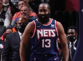 A happy James Harden is thrilled about the Brooklyn Nets defeating the New York Knicks at Barclay's Center. (Image: Getty)