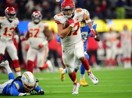 Travis Kelce, tight end from the Kansas City Chiefs, scores one of his two touchdowns against the LA Chargers at SoFi Field in LA. (Image: Getty)