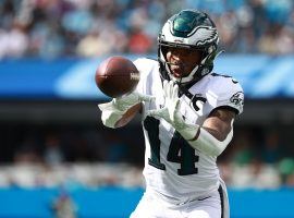 CHARLOTTE, NORTH CAROLINA - OCTOBER 10: Kenneth Gainwell #14 of the Philadelphia Eagles in action during their game against the Carolina Panthers at Bank of America Stadium on October 10, 2021 in Charlotte, North Carolina. (Photo by Grant Halverson/Getty Images)