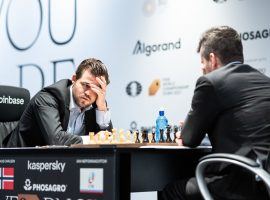 Magnus Carlsen (left) needs just one win to clinch victory over Ian Nepomniachtchi (right) at the World Chess Championship. (Image: Maria Emelianova/Chess.com)