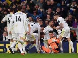 Leeds United's celebrate a last-second goal which gave them a point in a 2-2 home draw to Brentford at the weekend. (Image: Twitter/diego_2llorente)