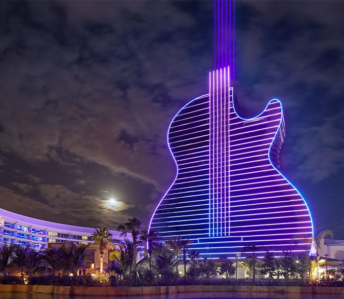 The Hard Rock will replace the Mirage volcano with a guitar-shaped hotel tower.