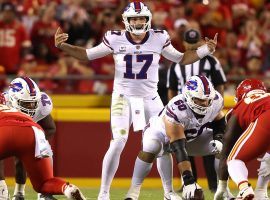 Josh Allen from the Buffalo Bills calls out an audible against Kansas City Chiefs in the first half of their classic playoff game that ended in overtime. (Image: Jamie Squire/Getty)