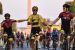 Egan Bernal, flanked by teammates from Ineos Grenadiers, enters Paris in 2019 en route to his first victory at the Tour de France. (Image: Anne-Christine Pouhoulat/Getty)