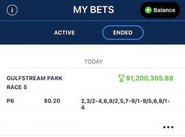 This is what a $1.2 million winning Rainbow 6 ticket looks like. One lucky bettor solved Gulfstream Park's Rainbow 6 wager by picking six winners on Friday's card -- one day before a mandatory payout day. (Image: TwinSpires)