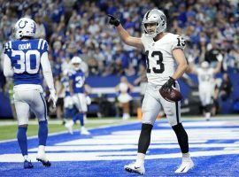 Hunter Renfrow from the Las Vegas Raiders scores a touchdown against the Indianapolis Colts in Week 17. (Image: Getty)