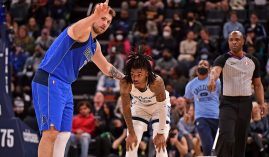 Luka Doncic from the Dallas Mavs defends Ja Morant of the Memphis Grizzlies last week, and the two square off again on Sunday. (Image: Justin Ford/Getty)