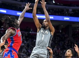 Kevin Durant from the Brooklyn Nets elevates over a defender from the Detroit Pistons during a game at Barclays Center. (Image: Nic Antaya/Getty)