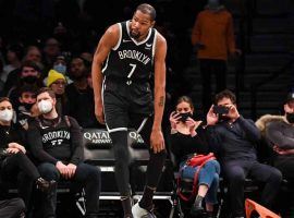 Brooklyn Nets star Kevin Durant realizes heâ€™ll have to leave the game due to a knee injury. (Image: Getty)