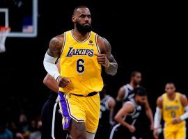 LeBron James from the LA Lakers jogging back on defense against the Brooklyn Nets at Barclay's Center. (Image: Michelle Campbell/Getty)