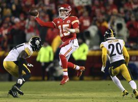 Patrick Mahomes from the Kansas City Chiefs defies gravity against the Pittsburgh Steelers in the AFC Wild Card. (Image: Travis Heying/AP)