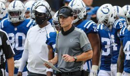 Matt Eberflus on the sidelines as the defensive coordinator of the Indianapolis Colts. (Image: Gary McCullough/AP)