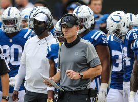 Matt Eberflus on the sidelines as the defensive coordinator of the Indianapolis Colts. (Image: Gary McCullough/AP)