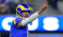 Rams quarterback Matthew Stafford should have to throw early and often against the Buccaneers in the divisional round of the playoffs, making him a solid DFS pick. (Image: KTLA)