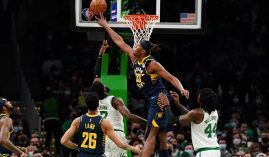 Myles Turner from the Indiana Pacers blocks a shot from Jaylen Brown of the Boston Celtics. (Image: Getty)