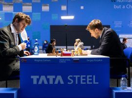 Magnus Carlsen (left) and Sergei Karjakin (right) played to a quick draw on Wednesday at the Tata Steel Chess Tournament. (Image: Jurrian Hoefsmit/Tata Steel Chess Tournament 2022)