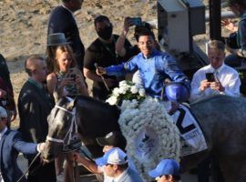 Jockey Luis Saez revels in Essential Quality's 2021 Belmont Stakes victory. That Triple Crown finale is one of eight Grade 1s on Belmont Park's June 11 card. (Image: NYRA Photo)