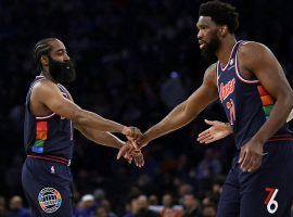 James Harden and Joel Embiid from the Philadelphia 76ers celebrate a victory over the New York Knicks at Madison Square Garden. (Image: Getty)