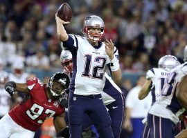 Tom Brady from the New England Patriots drops back for a pass against the Atlanta Falcons at Super Bowl 51 in Houston, Texas. (Image: Gregory Payan/AP)