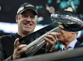 Former head coach Doug Pederson fondles the Super Bowl trophy after the Philadelphia Eagles defeated the New England Patriots to win Super Bowl 51. (Image: Patrick Smith/Getty)