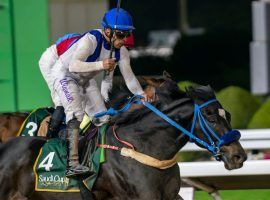 Wigoberto Ramos celebrates a 99/1 upset aboard Emblem Road in the Saudi Cup. He may follow Americans Country Grammer and Midnight Bourbon to the Dubai World Cup in March. (Image: Jockey Club of Saudi Arabia/Mathea Kelley