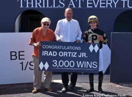 Irad Ortiz Jr. picked up his 3,000th career victory Thursday at Gulfstream Park. (Image: Lauren King/Coglianese Photos)