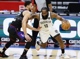 James Harden drives against Ben Simmons when they previously played on their respective teams in the 2020-21 NBA season. (Image: Tim Nwachukwu/Getty)