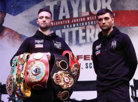 Josh Taylor (left) will defend his undisputed super lightweight titles against Jack Catterall (right) on Saturday night. (Image: Mikey Williams/Top Rank/Getty)