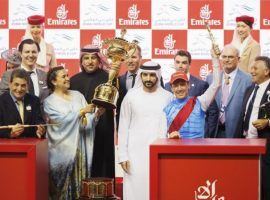 Frankie Dettori (bottom right in blue/red silks) was fined $13,600 for excessive whipping of Country Grammer in Saturday's $12 million Dubai World Cup. (Image: Dubai Racing Club)