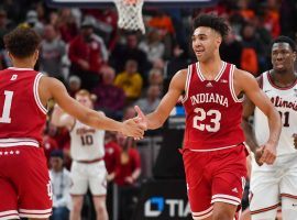 Trayce Jackson-Davis (23) will lead the Indiana Hoosiers against the Wyoming Cowboys in a First Four game of the NCAA Tournament on Tuesday night. (Image: Aaron J. Thornton)