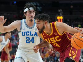Jaime Jaquez from UCLA defends Isaiah Mobley from USC in the Pac-12 Conference Tournament semifinals at T-Mobile Arena in Las Vegas. (Image: Getty)