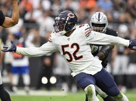 Linebacker Kahlil Mack from the Chicago Bears nearly sacks Las Vegas Raiders quarterback Derek Carr at Soldier Field. (Image: Chris Unger/Getty)