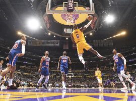 LeBron James from the LA Lakers elevates for a dunk to score just two of his game-high 56 points against the Golden State Warriors. (Image: Andrew D. Bernstein/Getty)